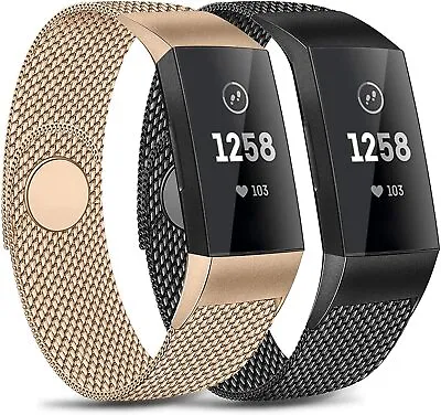 $24.42 • Buy 2 Pk Milanese Loop Stainless Bands Fitbit Charge 3 & 4 Rose Gold Black Magnet Lg
