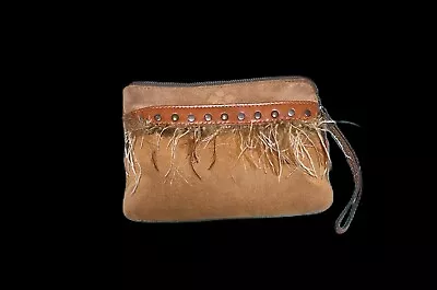 Patricia Nash Suede Leather Bronze Studs Feathers Wristlet Clutch Designer Clean • $39