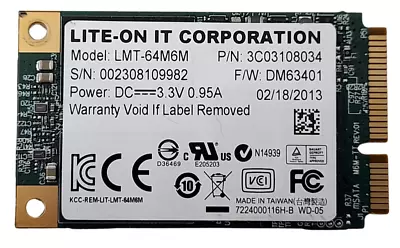 Lite-On LMT-64M6M 64GB MSATA SSD Solid State Drive 100% Health • £9.99