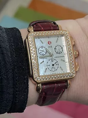 Michele Rose Gold Deco Diamond .60ct Alligator Leather Watch W/Mother Pearl Face • $2950