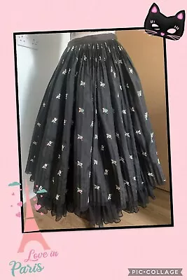 50s 60s Stiff Black Circle Skirt Embroidered Flowers • £40