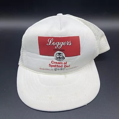 Vintage Mens Trucker Rope Hat Cream Of Spotted Owl Soup White Snapback Mesh • $42.75