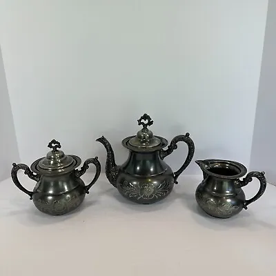Vintage VAN BERGH Silver Quadruple Plate Teapot Sugar &Creamer Pat. May 10 1898 • $65.99