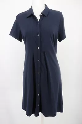 J. Jill Dress Size Medium Shift Pleated Blue Short Sleeve Button Pockets Women M • $21.99