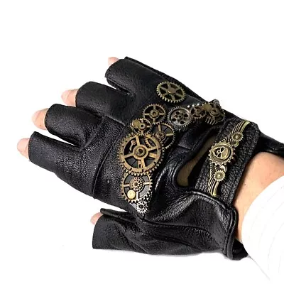 Retro Steampunk Gears Leather Men Fingerless Gloves Biker Punk Gloves • $43.27