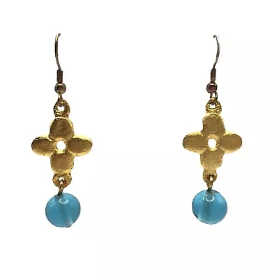Vintage Gold Medallion Turquoise Glass Beaded Dangle Earrings • $11.99