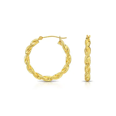 14K Real Solid Yellow Gold Twisted Rope Diamond-Cut Round Chunky Hoop Earrings • $139.99