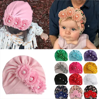 For Baby Girls Floral Turban Cap Infant Head Wrap Headband Soft Beanie Hats • £3.49