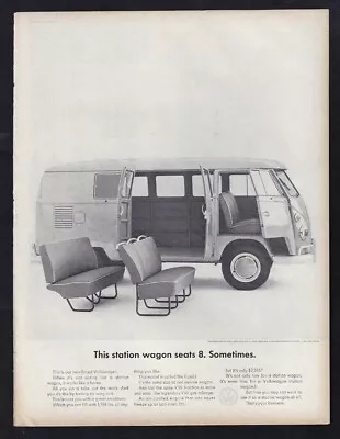 1964 VW VOLKSWAGEN Bus Print Ad  This Station Wagon Seats 8.  Sometimes.  • $11.95