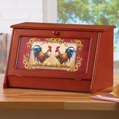 Wooden Country Rooster Bread Storage Bin Box Farmhouse Kitchen Pantry Home Decor • $39.23