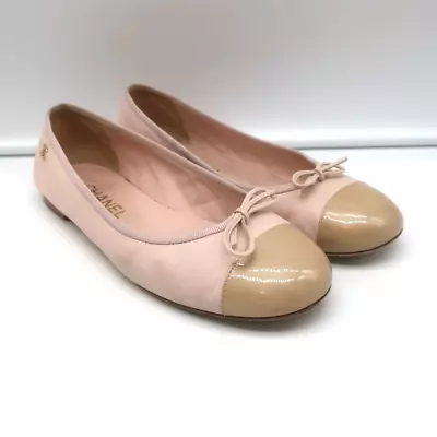 Chanel Coco Jazz Cap Toe Ballet Flats Light Pink Leather & Beige Patent Size 37 • £337.32