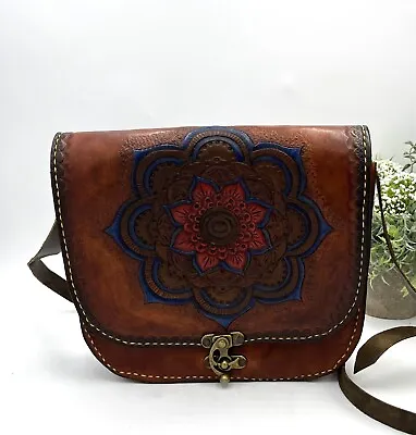 Tooled Brown Leather Mandala Vintage Saddle Boho Shoulder Bag Purse • $124