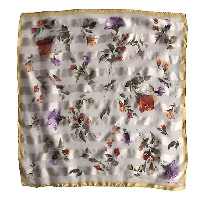 Ellen Tracy Silk Scarf Square Floral Yellow Red Purple Striped Print Easter • $14.99