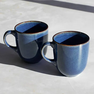 Set Of 2 Dark Blue Reactive Glaze Coffee Mugs Stoneware 380ml Tea Hot Drink Cups • £15