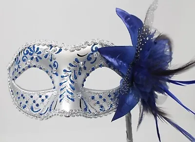 £17.99 • Buy Blue & Silver Jewelled Venetian Masquerade Carnival Ball Party Mask On A Stick