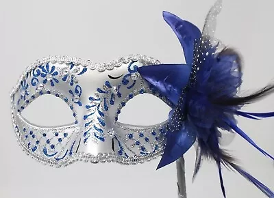 Blue & Silver Jewelled Venetian Masquerade Carnival Ball Party Mask On A Stick • £17.99