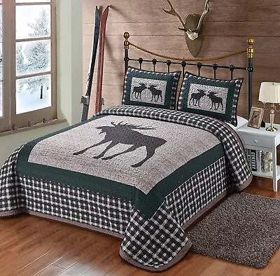 Moose Quilt Queen Size Bedding Set Lodge Cabin Mountain Style Bedspread Coverlet • $58