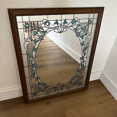 Vintage Mirror Wood Frame Color Etched Frosted Glass 31” X 25” Floral • $199.99