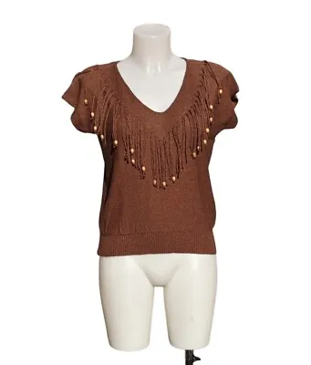 Vintage Campus Casuals Of California Fringe Beaded Sweater Small V-neck Brown  • $28