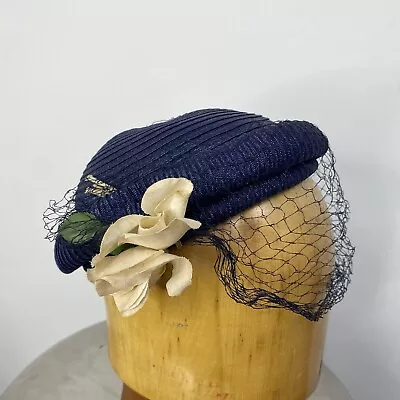 Vintage 50s Navy Straw Hat W 2 Cream Millinery Flowers & Netting 6 7/8 • $20.99