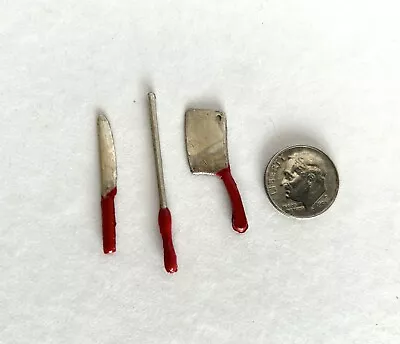 Dollhouse Miniatures 3-Pc Carving Set Of Knife Cleaver Sharpener & Red Handles • $8