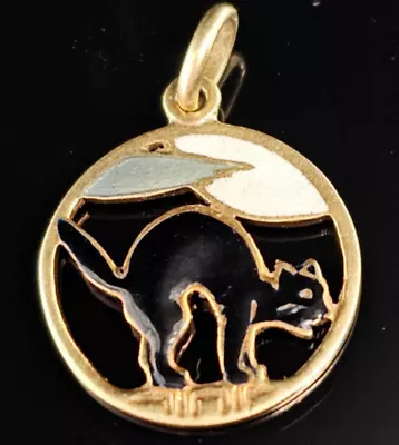 Antique 14K Gold ~BLACK SCARED CAT MOON Carter Gough & Co~ Charm Pendant Enamel • $419