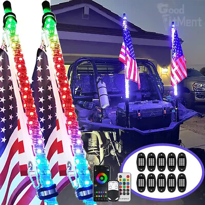 10 Pods RGB LED Rock Lights + 2x 3FT Lighted Spiral LED Whip Antenna Flag&Remote • $223.59