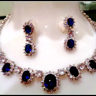 Sapphire Lab Created Ladies Glamour 925 SilveR Necklace Earring Set 18k GF • $244