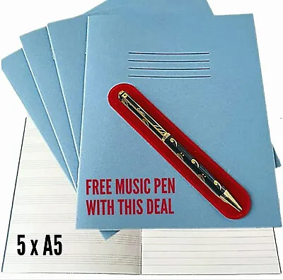 £9.90 • Buy 5 X A5 School Exercise Note Books Rhino Half Lined Half Music Staves + FREE PEN