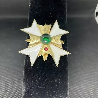 (u970)  Gold-tone Green CAB White Enamel Maltese Cross Brooch/Pendant (missing) • $15