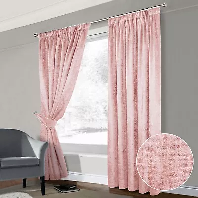 Luxury Crushed Velvet Pink Curtains Pair Fully Lined Pencil Pleat 65x72  • £13.50