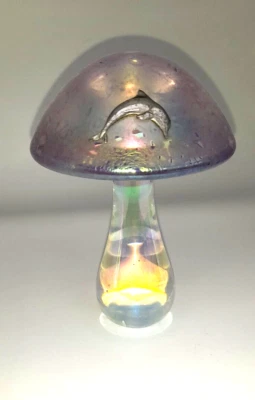 £39 • Buy Heron Glass Purple Mushroom 14 Cm High With Pewter Dolphin - Hand Crafted In UK