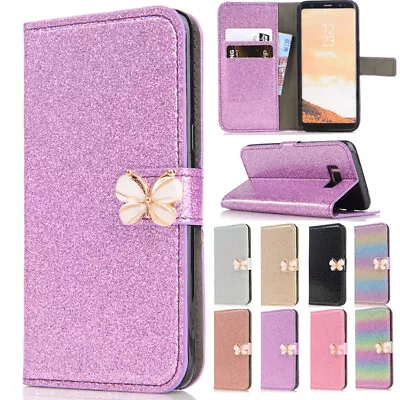 For Samsung S24 S23 S21 FE Bling Butterfly Magnetic Card Wallet Stand Case Cover • $15.89