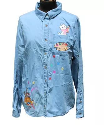 Disney Women's Aristocats Paint Marie Cat Kittens Chambray Shirt Sz L • £38.56