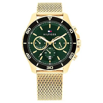Tommy Hilfiger Gold Steel Mesh Green Dial Multi-function Men's Watch - 1792093 • $279
