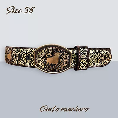 Belt Leather Cincelado Corte Laser Cowboy Cinturón Vaquero Cinto Ranchero Size38 • $55