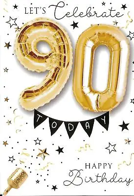 UNISEX 90th BIRTHDAY CARD - AGE 90 - CONTAINS 2 X 30cm GOLD FOIL BALLOONS  • £2.49