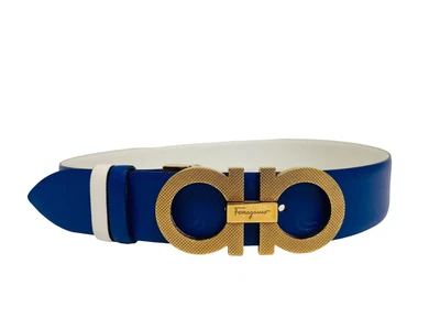 £336.50 • Buy SALVATORE FERRAGAMO Blue White Grained Leather Reversible Gancini Logo Belt