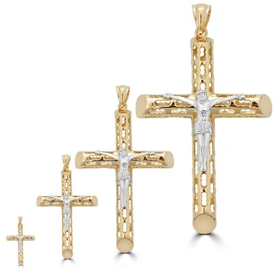 14k Gold Plated Real Solid 925 Silver Cross Jesus Piece Sizes Men's Ladies ITALY • $23.47