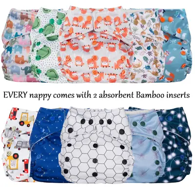 5 Pack Reusable Nappies With Inserts Adjustable Cloth Popper Pocket Washable New • £19.95