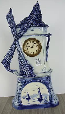 VTG Delft Blue Windmill Figural Mantle Wind Up Clock Numbered Stamped 13.75 Inch • $89.95