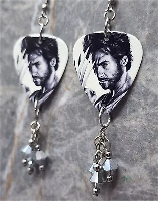 Wolverine Guitar Pick Earrings With Metallic Silver Swarovski Crystal Dangles • $8