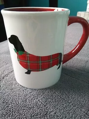 Winter Wonder Lane Dachshund Coffee Mug Holiday Cottage Plaid Sweater Holly Tie • $20