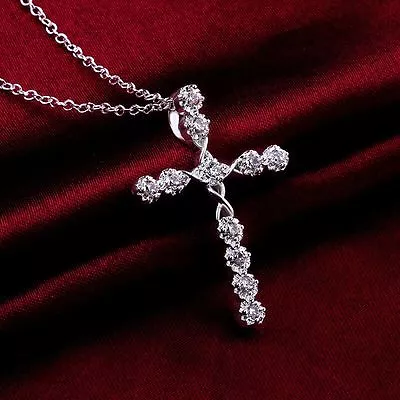  925 Sterling Silver 18  Chain CZ Crystal Cross Pendant Womens Necklace #NE57 • $9.99