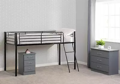 Single Mid Sleeper Metal 3ft Bunk Bedstead Cabin Loft Kora Modern Design Black • £145.99