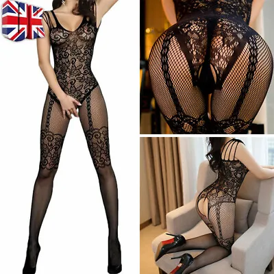 Women Lace Mesh Crotchless Full Body Stocking Clothing Lingerie Jumpsuit Suits • £3.89