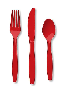 24 Piece Classic Red Premium Plastic Forks Spoons Knives Cutlery  - 8 Ea • £2.79