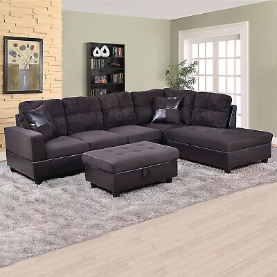 L-shape Flannel And PVC 3-Piece Couch Living Room Sofa Set With Ottoman • $690.15