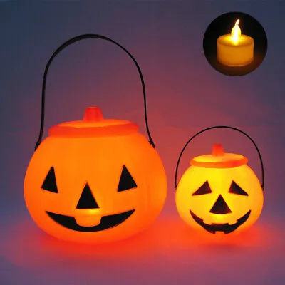 18CM Halloween Portable Pumpkin Buckets Lantern LED Lights Pumpkin Candy Holders • £7.99