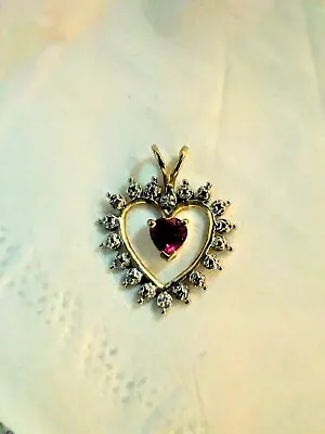 Womens Vintage Estate 10K Gold And Diamond Heart Ruby Pendant  • $99